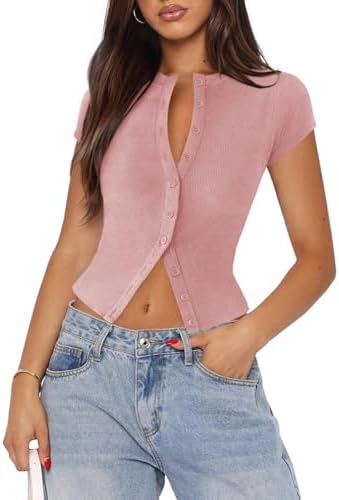 Women's Long Sleeve Crop Top Ribbed Button Down V-Neck T Shirts